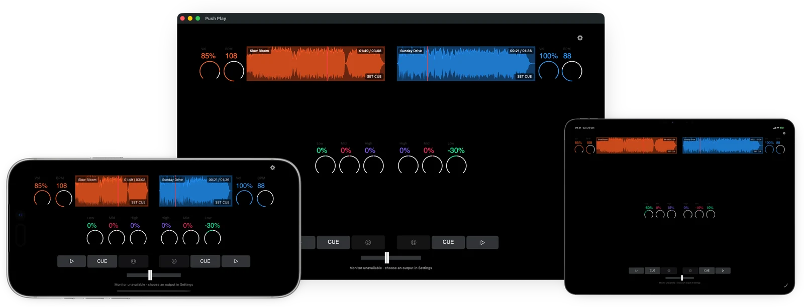 Push Play on Mac, iPhone and iPad, showing loaded songs with orange and blue waveforms, EQ controls and crossfaders.